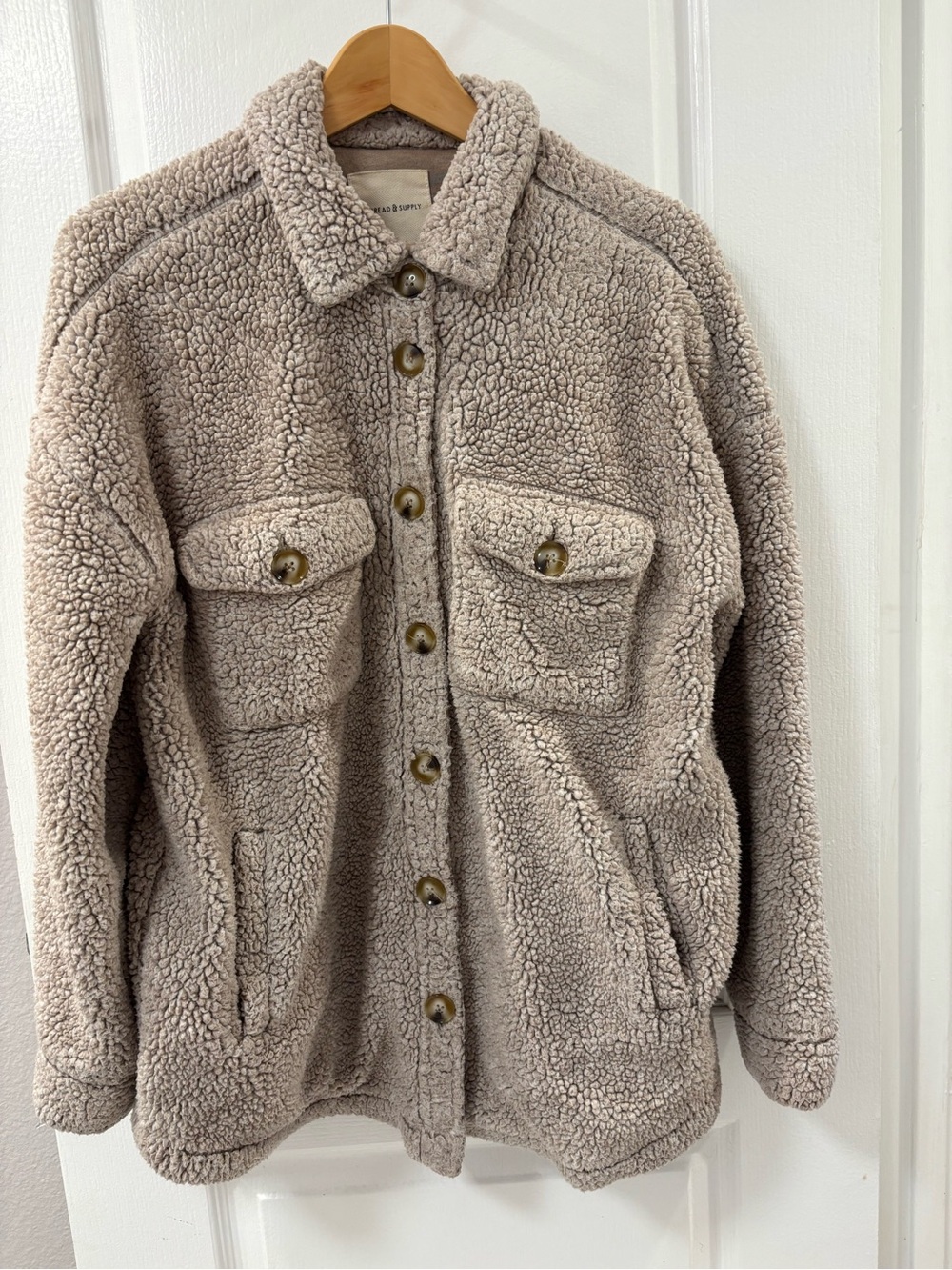 Thread & Supply Taupe Sherpa Button-Up Shacket Cozy Jacket Button Front